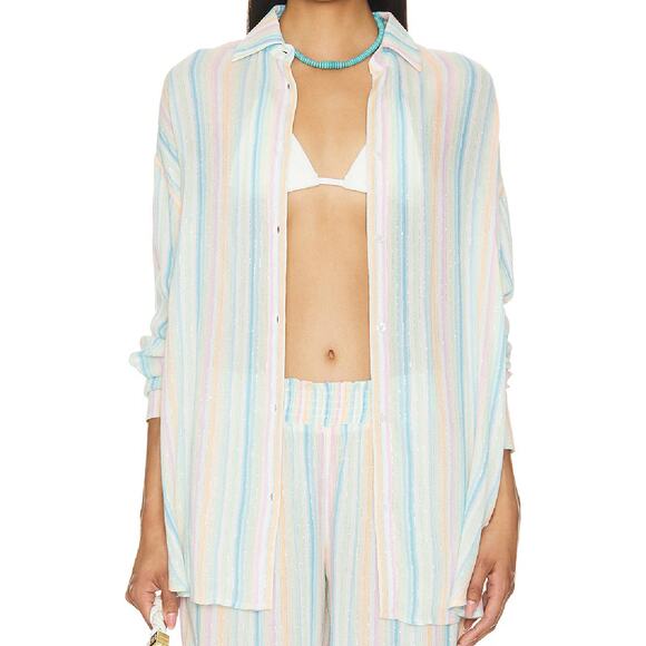 NWT Lovers & Friends Catalina Button Down Shirt in "Rainbow Stripe" Size XS - Picture 3 of 12